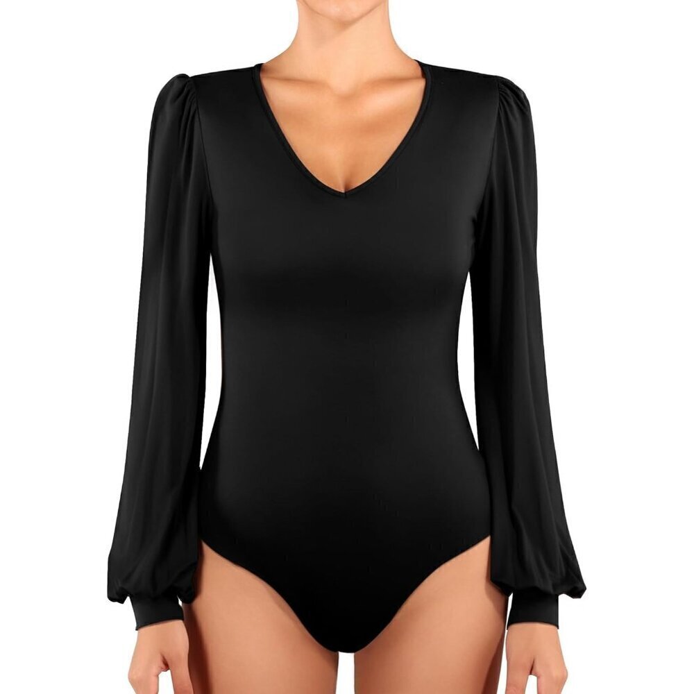 🆕Women Black Rayon Long Sleeve V Neck for Puff Sleeve Ribbed Bodysuits Shirts